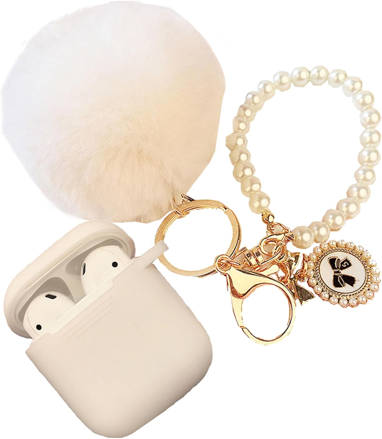 Linda funda protectora de silicona con llavero con pompón y correa de perlas para niñas, compatible con Apple Airpods 1 y 2