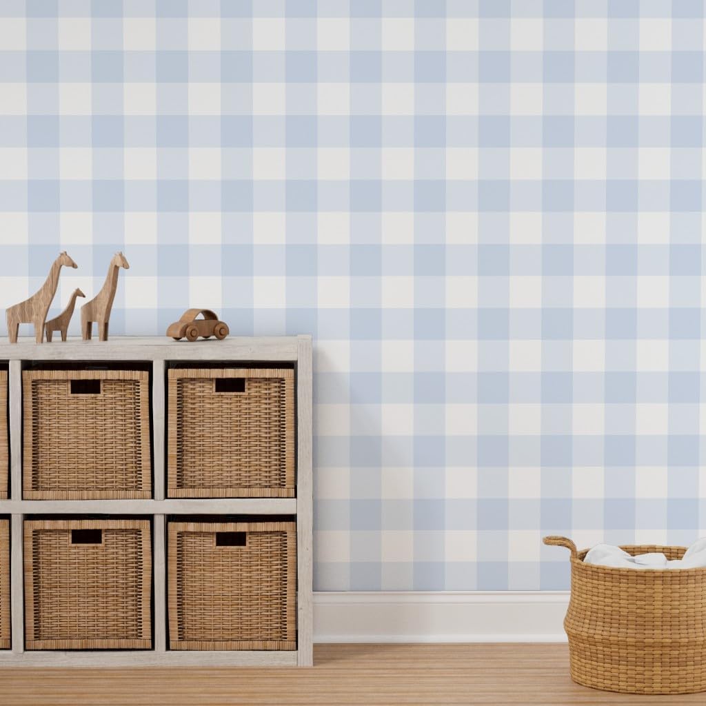 Spoonflower Despegar y pegar papel tapiz Swatch – Azul Gingham grande Check Inch Niños Decoración del hogar Blanco Papel pintado extraíble