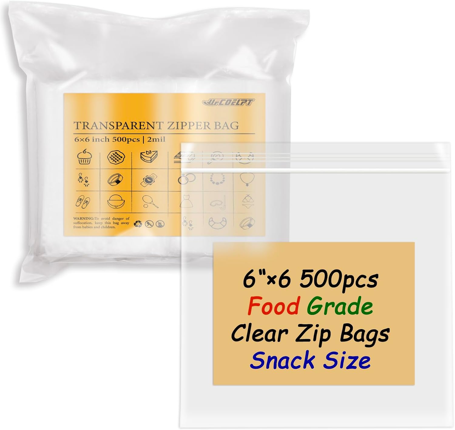 UFCOELPT Bolsas Ziplock de 6 x 6 pulgadas, 2 mil, 500 unidades, bolsas de plástico transparente con cremallera para aperitivos, golosinas,