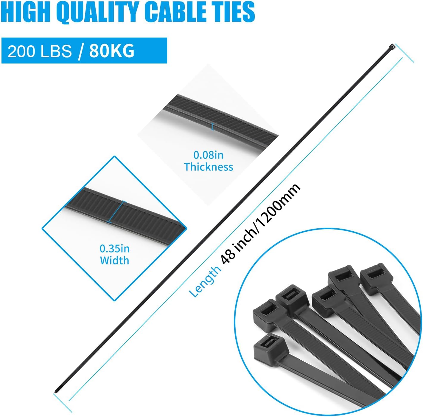 Armpow Bridas negras de 48 pulgadas para cables resistentes, paquete de 50 unidades, 200 libras, ultra exclusivas, bridas de plástico fuertes,