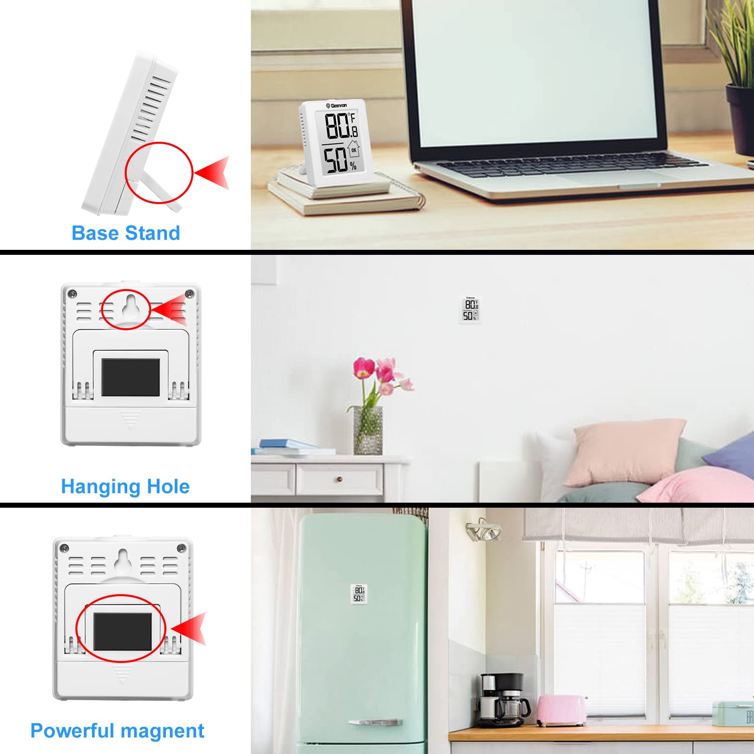 Geevon Termómetro interior monitor de temperatura ambiente, paquete de 3 medidores de temperatura y humedad, termómetro higrómetro con batería para