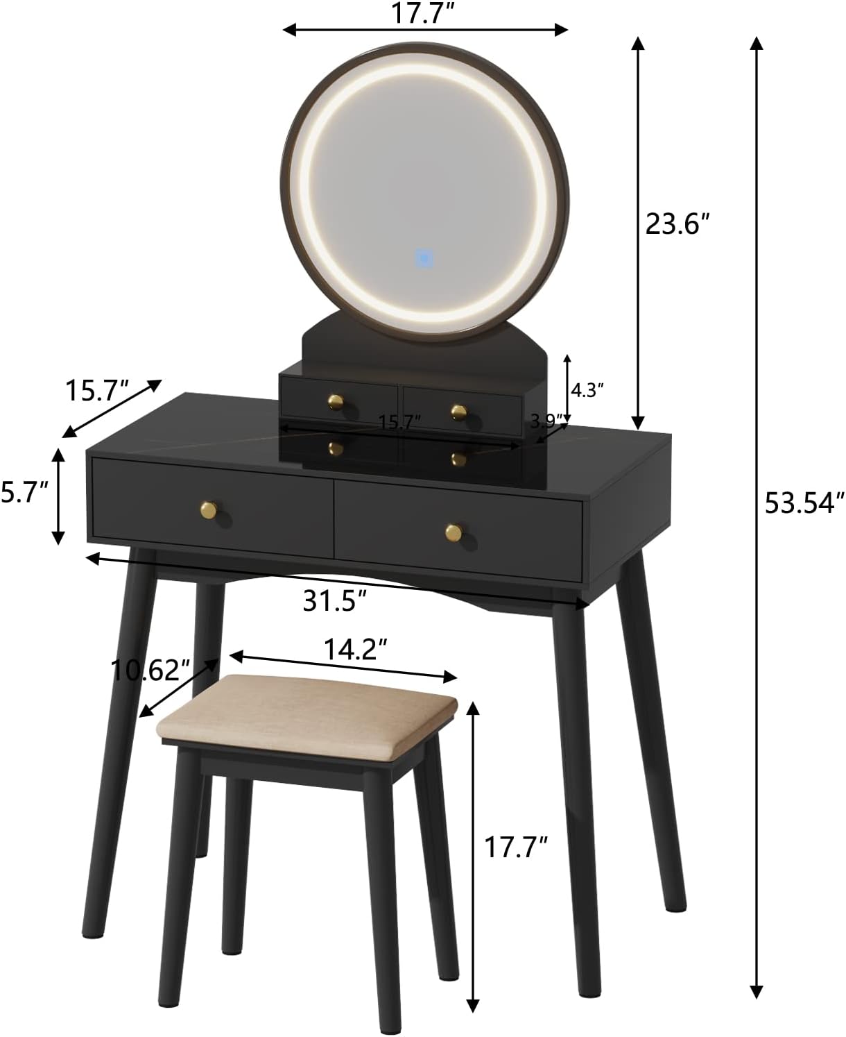 Furmax Juego de tocador de tocador de maquillaje con espejo iluminado con escritorio moderno, taburete acolchado suave, 4 cajones de almacenamiento,