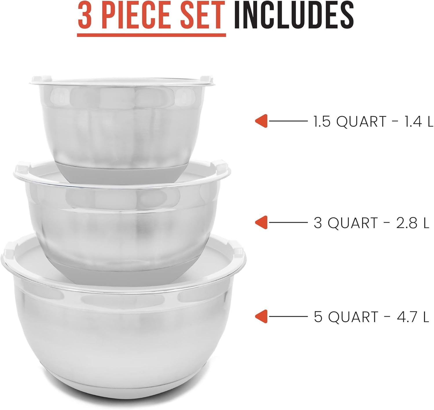 Chef Pomodoro Juego de cuencos para mezclar de acero inoxidable, cuencos de metal con tapas, base de silicona antideslizante, cuencos anidables, 3