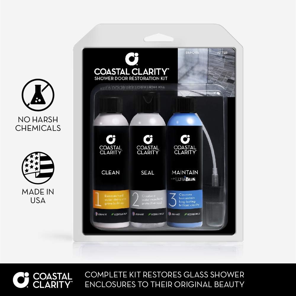 Kit de restauración de puerta de ducha Coastal Clarity, removedor de espuma de jabón, repelente al agua y limpiador de cristales de ducha, sistema