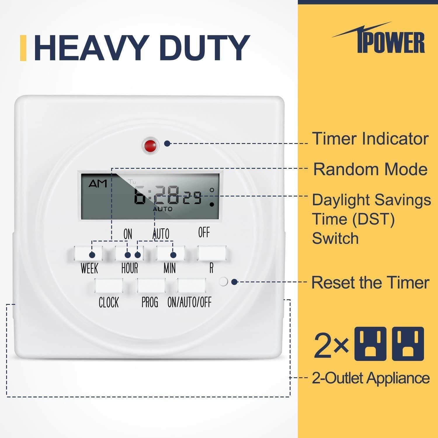 iPower Digital Outlet Timer, 7 Day Heavy Duty Programmable Timer Switch Indoor for Chrismas String Lights, Appliance, Pool Pump, 8 OnOff Programs,