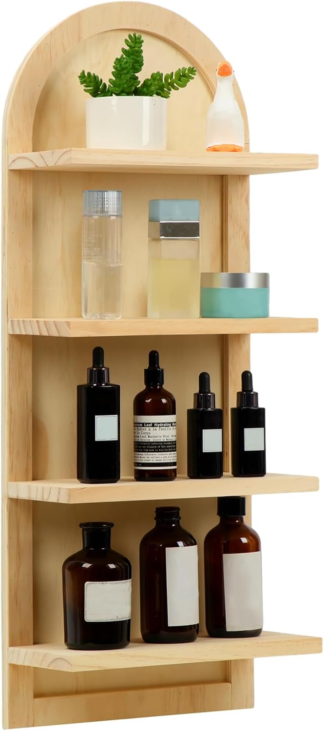 1 estante de pared de madera arqueada de 4 niveles, estantes de pared bohemios, estantería de madera curvada para pared, sala de estar, baño,