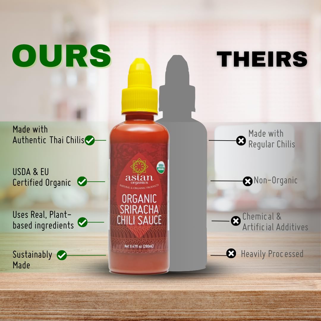 Asian Organics – Salsa de chile picante sriracha orgánica – Salsa picante asiática 100% certificada por USDA, sin MSG, sin OMG, salsa picante