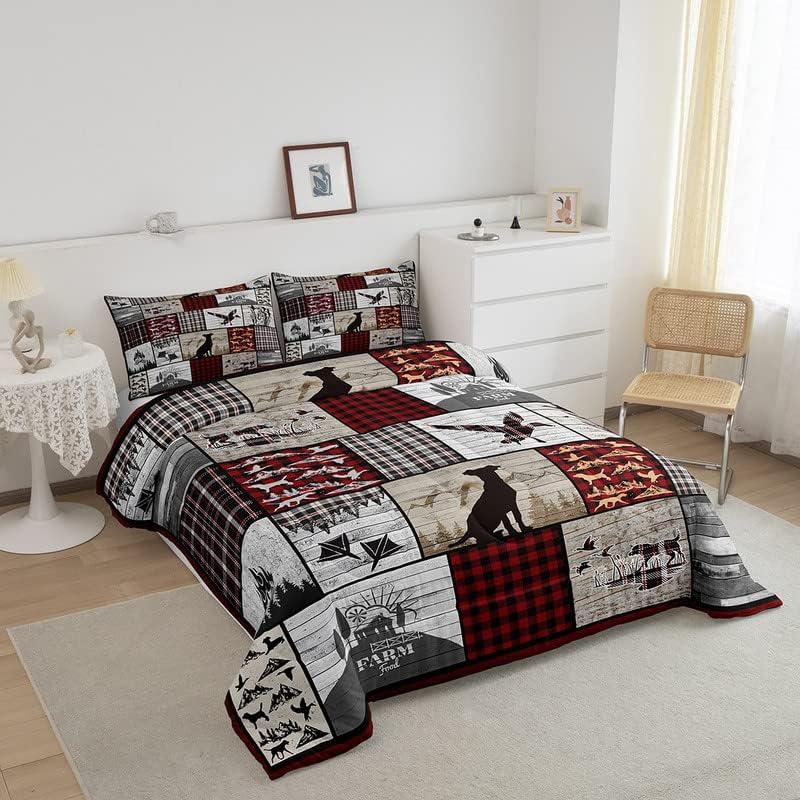 Feelyou Juego de ropa de cama de perro de caza de patos, juego de edredón rústico a cuadros, edredón de pato malardo, para niños, niñas,