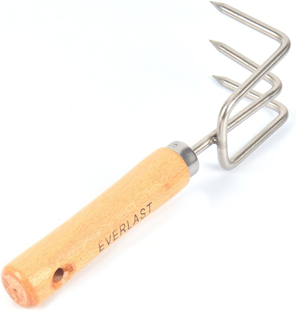 TOPBATHY Mini rastrillo pequeño de acero inoxidable para jardín, agarre firme, mango de madera, rastrillo de garra corta fuerte, herramienta de