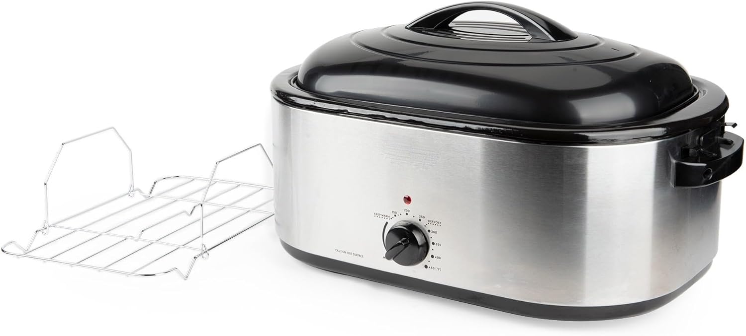 Horno asador eléctrico de gran capacidad de 22 cuartos de galón, acero inoxidable, tapa autohilvanada, mantiene el calor, perfecto para asar,