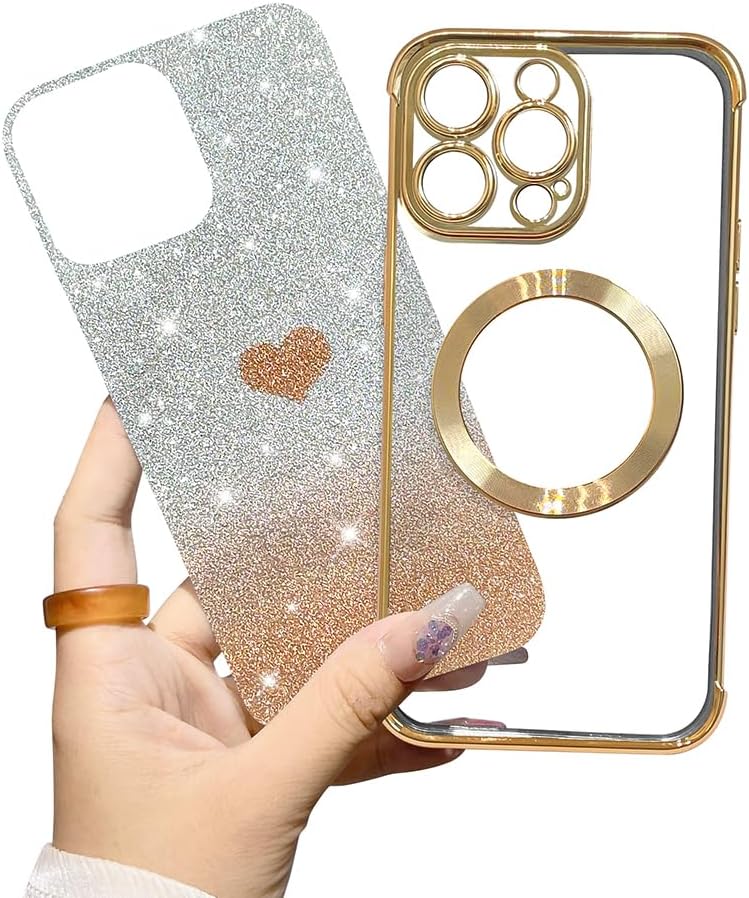 AIGOMARA Funda magnética transparente con purpurina para iPhone 15 Pro Max, compatible con Magsafe, cubierta de TPU suave chapado de lujo con