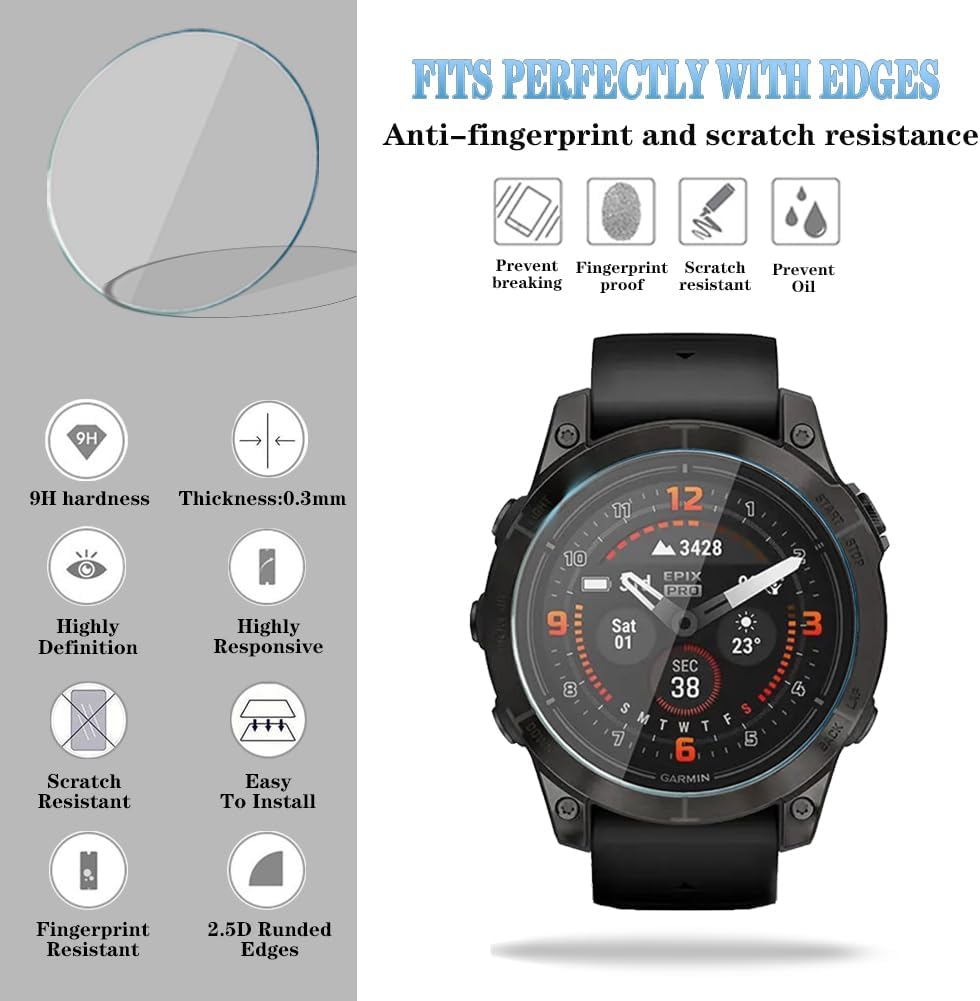 Protector de pantalla de reloj (3+1 unidad) compatible con Garmin Epix Pro 1.850 inFenix 7 Solar, película de vidrio templado, antiarañazos, alta