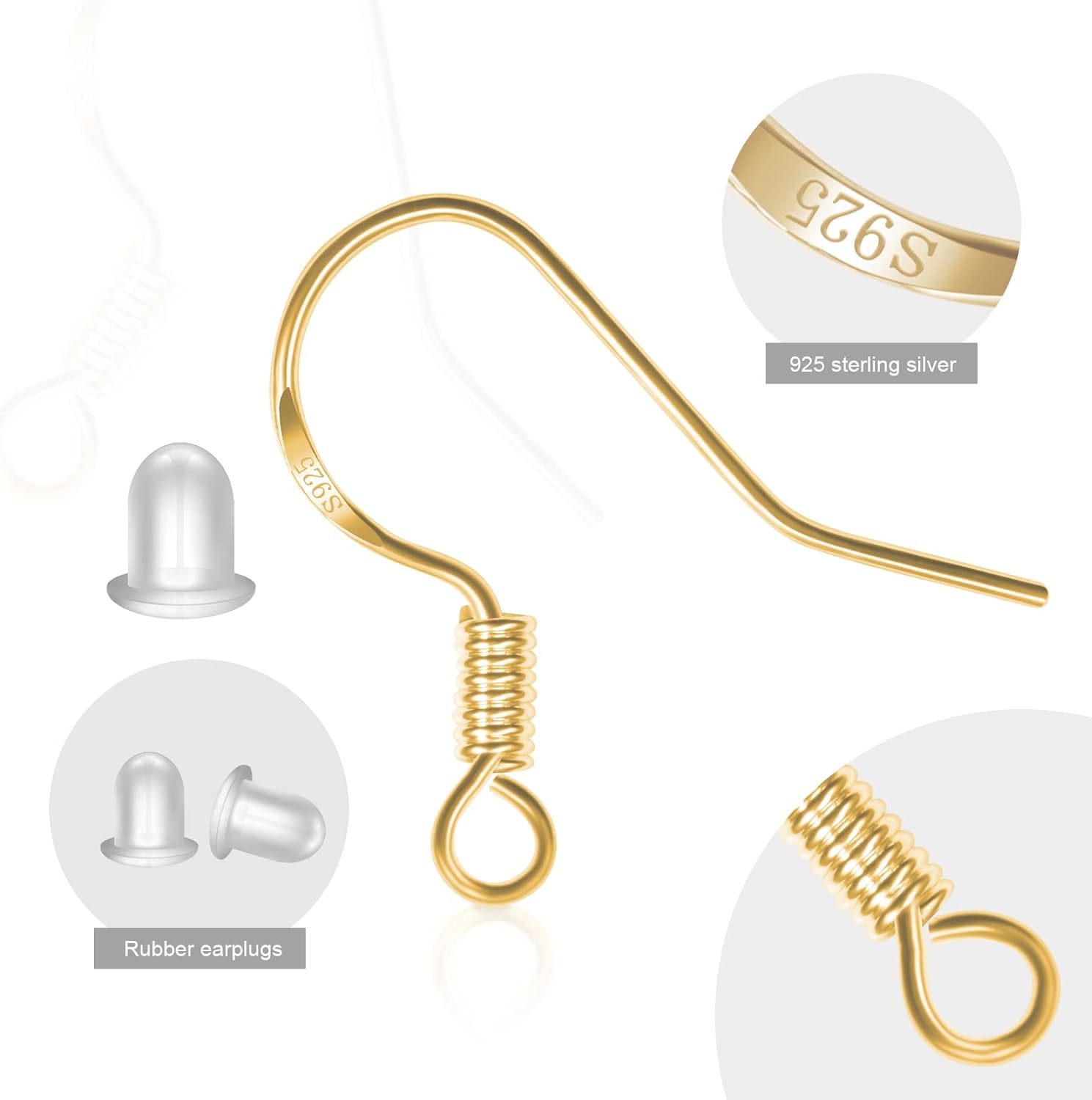 Ganchos para aretes de oro de ley 925, 120 unidades60 pares hipoalergénicos, ganchos de pescado para fabricación de joyas, piezas de hallazgos de