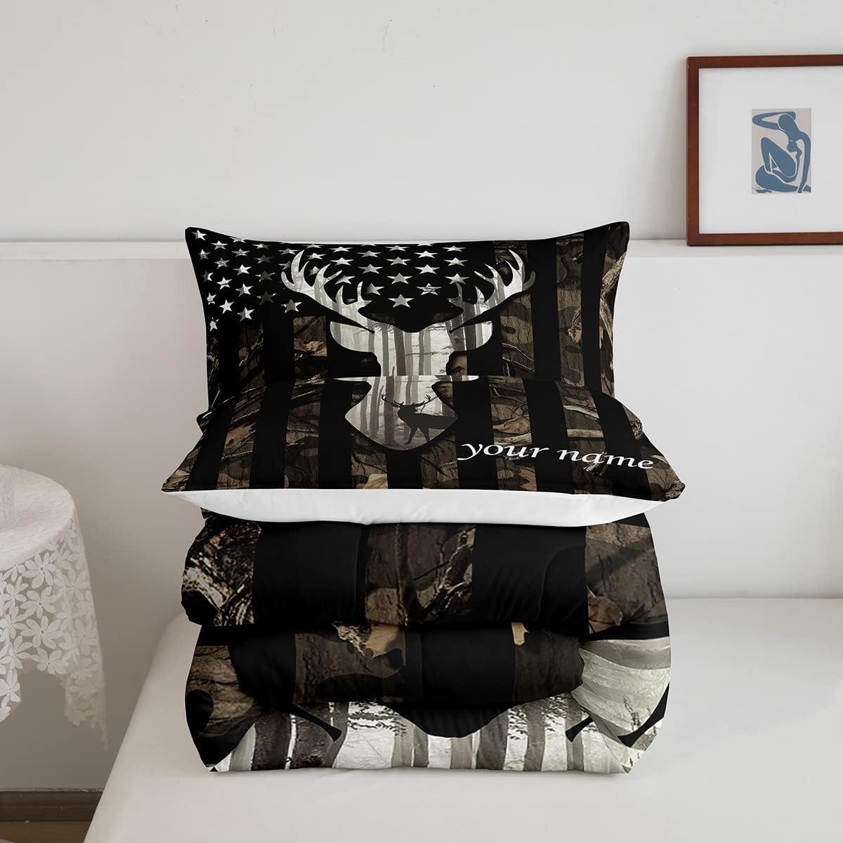 Juego de edredón personalizado con diseño de bandera estadounidense de camuflaje para niños, tamaño Queen, decoración de dormitorio de niñas y