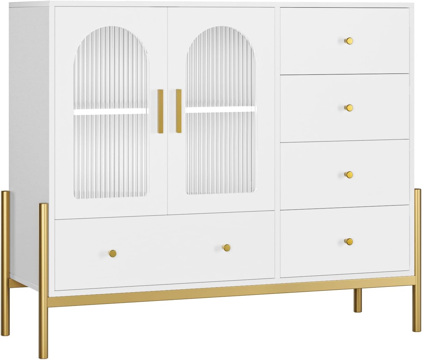 Aparador de buffet con almacenamiento, aparador de buffet, gabinete de barra de café con puertas de vidrio estriado y patas doradas, armarios de
