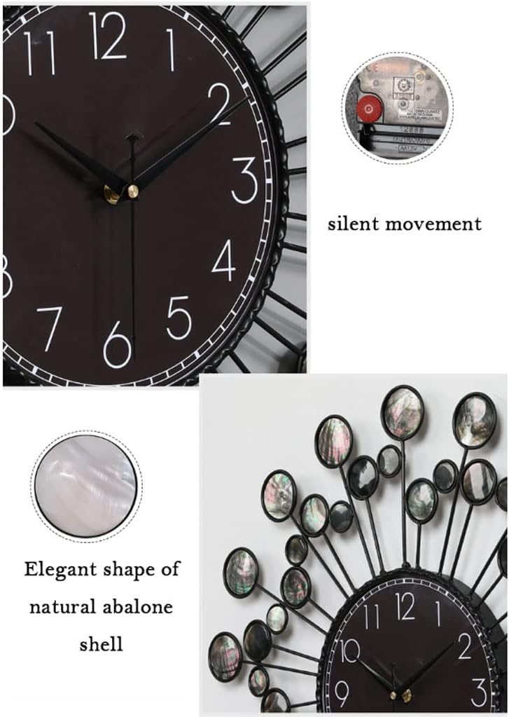 Reloj de pared Sea Shell Wall Clock for Living Room Decor Metal 22.8 Inch Modern Black Battery Operated Silent Non Ticking Round Wall Clock for