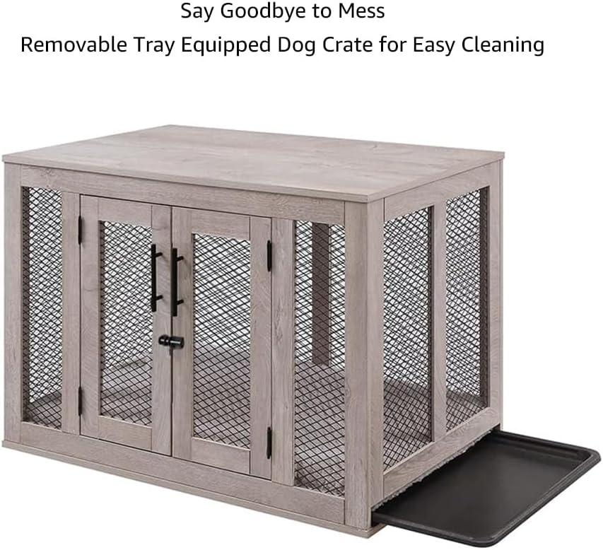 unipaws – Jaula para perros estilo mueble con cojín y bandeja, jaulas de malla para perros con puertas dobles, casa para perros con mesa final,