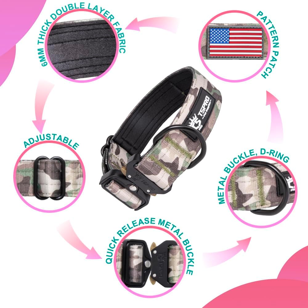 TSPRO Collar de perro de camuflaje de alta calidad con parche de bandera de Estados Unidos, collar grueso para perro ajustable, resistente y de