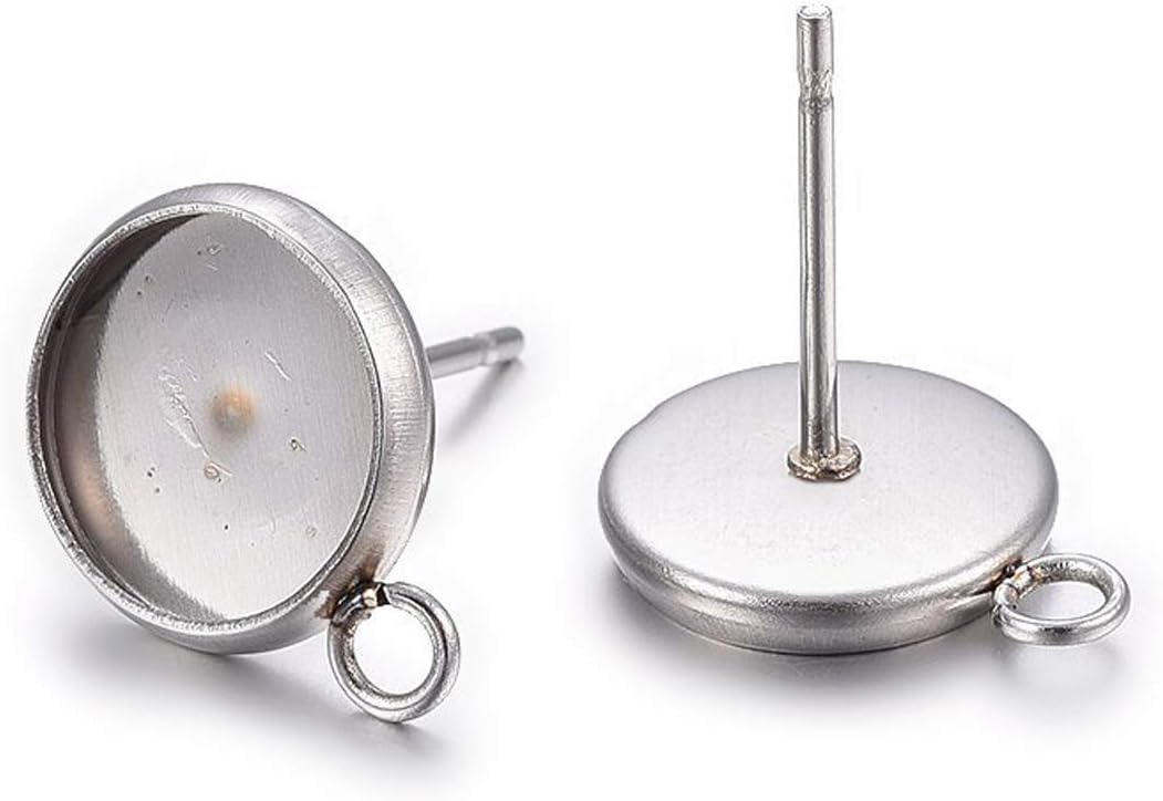 Pandahall – 100 aretes de acero inoxidable con ajuste de cabujón de 0.472 pulgadas (0.472 in), bandeja de bisel redonda plana con lazo para hacer