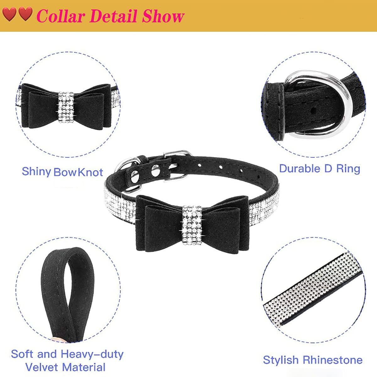 Juego de collar para perro con correa, collares y correas ajustables para perros y gatos con diamantes de imitación y lazo de cristal brillante para