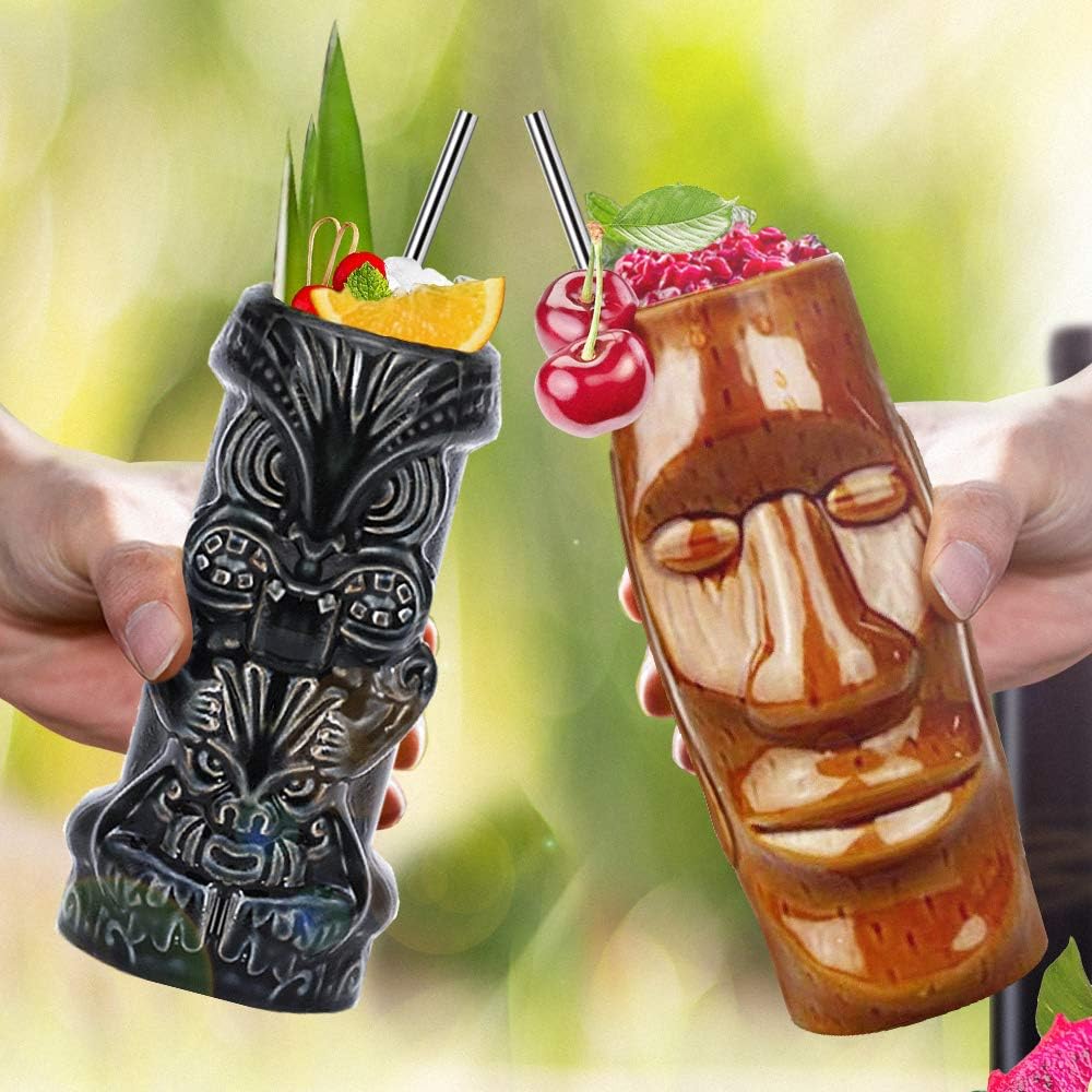 Tiki Mugs – Juego de 4 tazas de cóctel de cerámica hawaiana Luau para fiesta, vasos de cóctel exóticos, Tiki Bar profesional hawaiano para fiestas,
