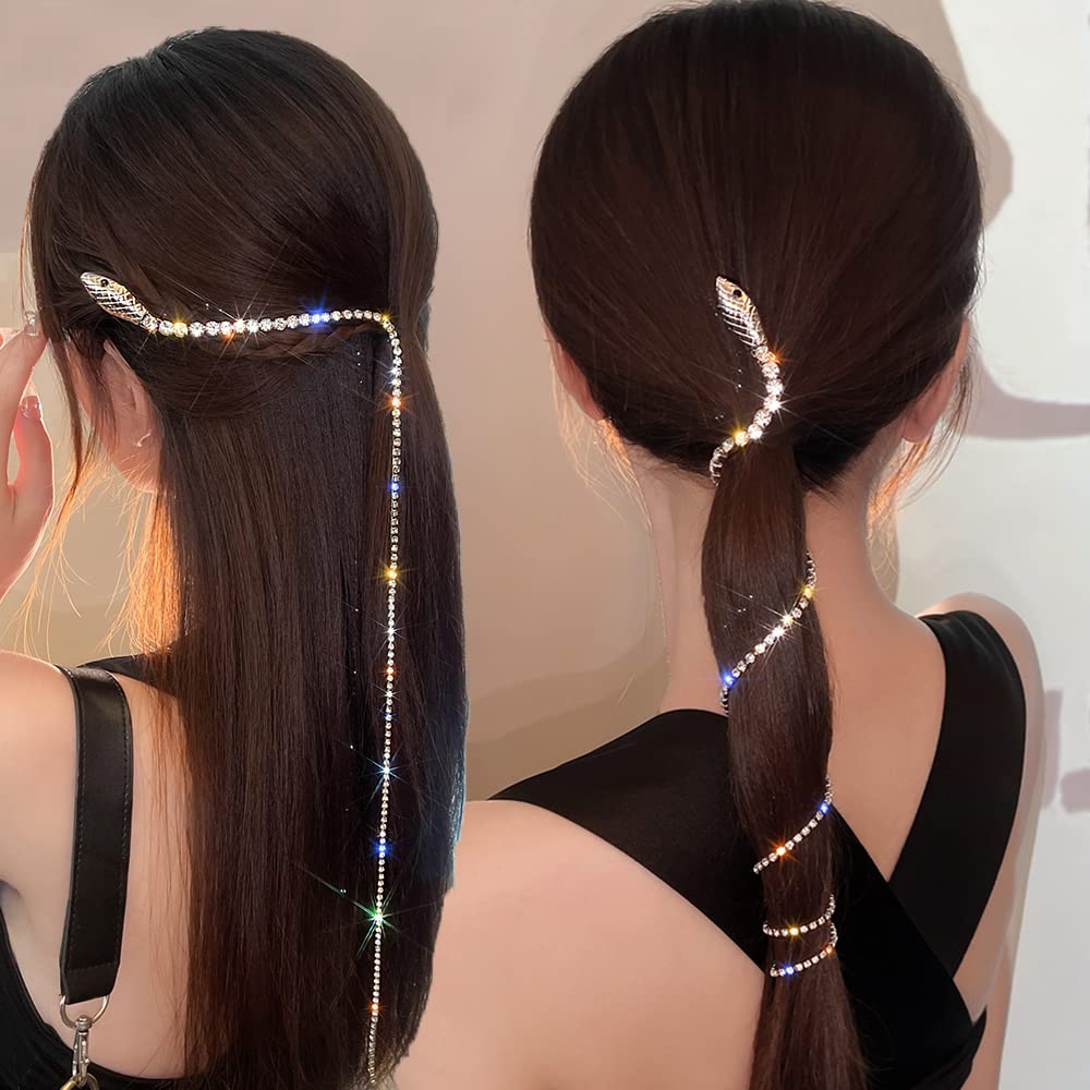 2 cadenas de pelo de serpiente con diamantes de imitación brillantes, diadema de cristal con borla larga, accesorios para el cabello, joyas, pinzas
