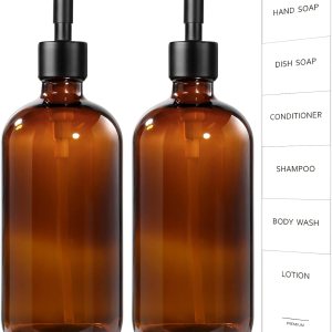 GMISUN Dispensador de jabón de vidrio ámbar, paquete de 2 dispensadores de jabón de manos para baño con bomba de acero inoxidable, juego de GMISUN Dispensador de jabón de vidrio ámbar, paquete de 2 dispensadores de jabón de manos para baño con bomba de acero inoxidable, juego de