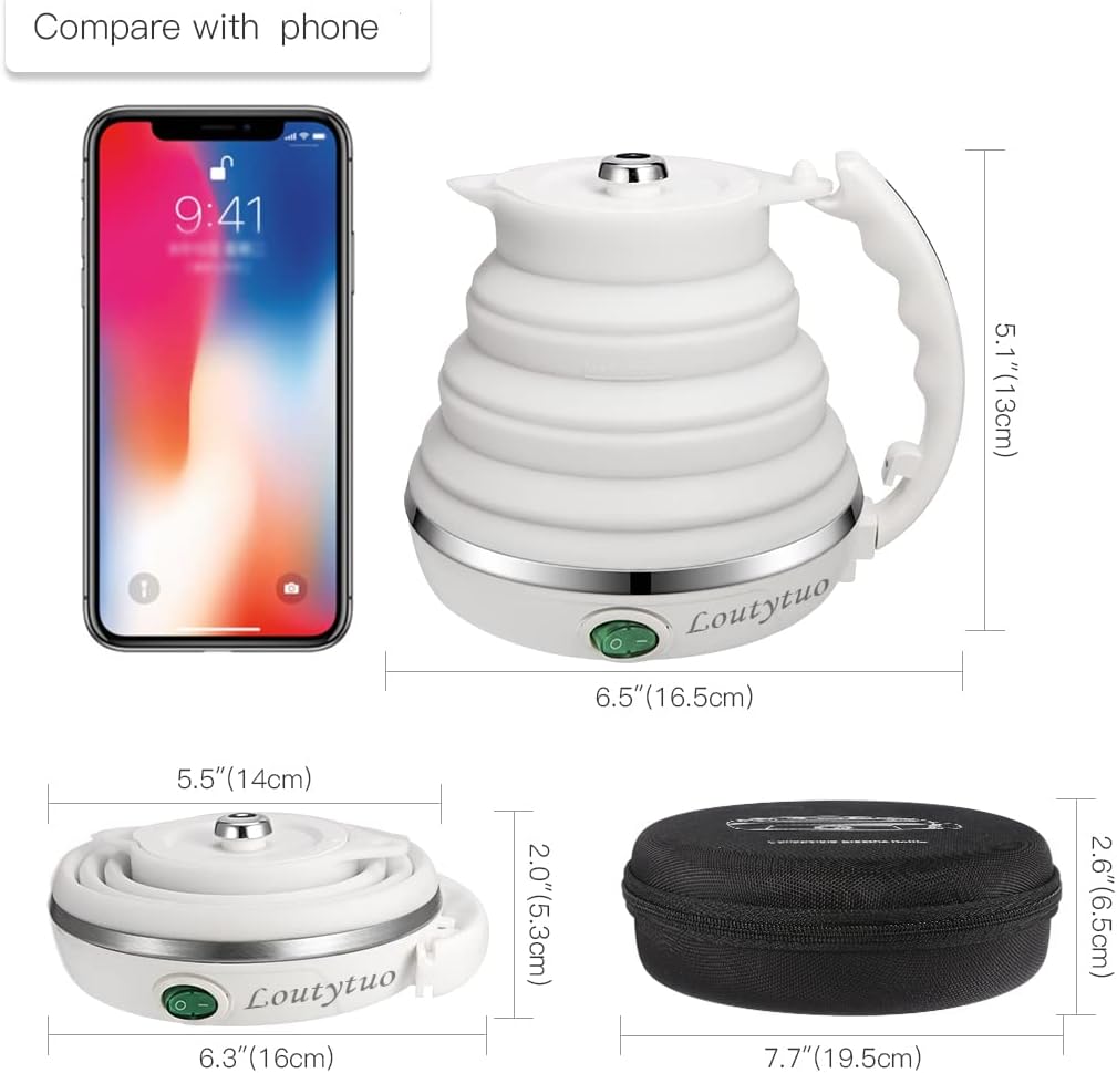 Tetera eléctrica plegable de silicona de grado alimenticio con doble voltaje y cable de alimentación separable 110-220V, para 20.28 onzas líquidas,