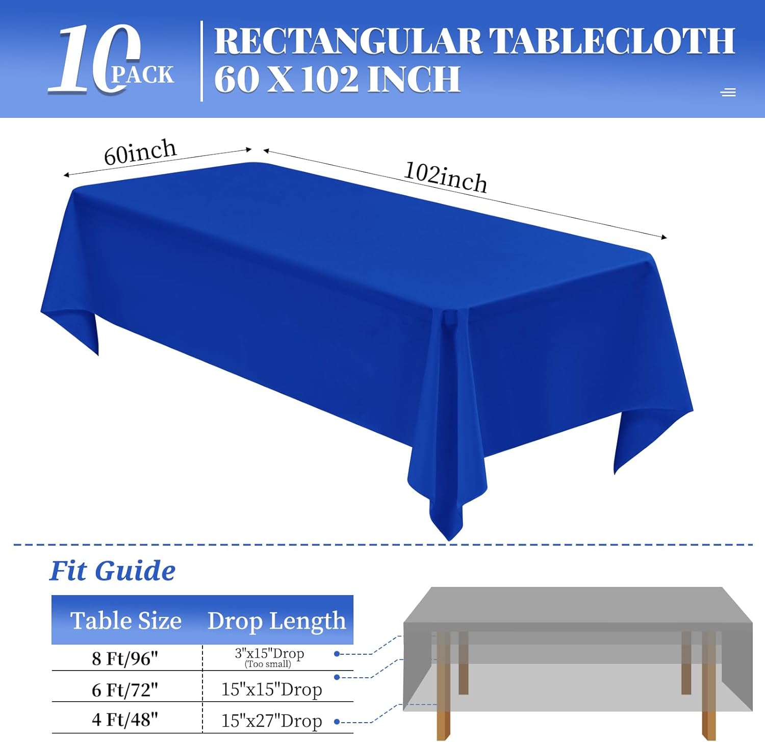 Paquete de 10 manteles rectangulares color azul rey para mesas rectangulares de 6 pies de 60 x 102 pulgadas, mantel rectangular de 6 pies, mantel de