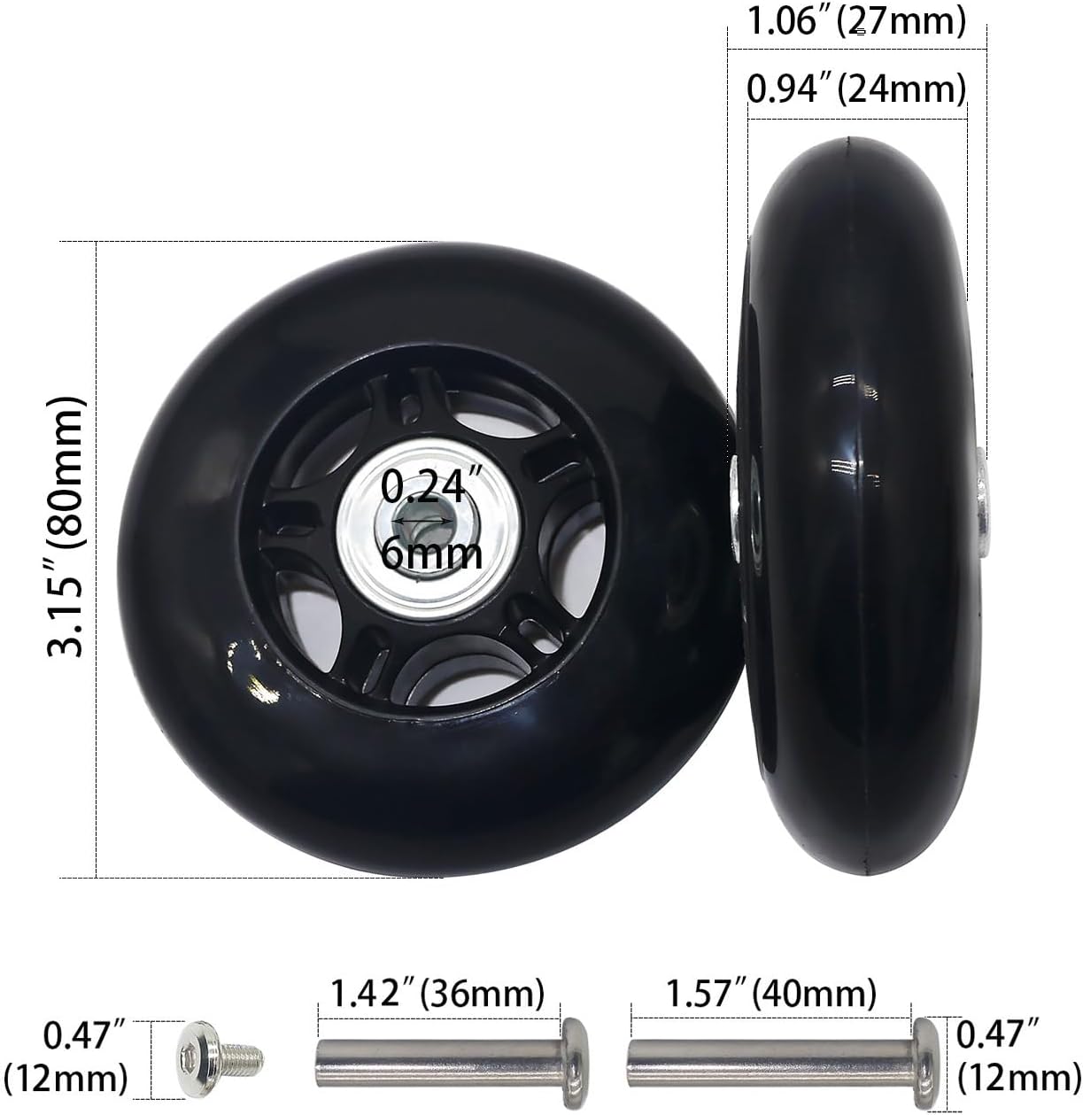 Mute – Juego de ruedas de repuesto para maleta de equipaje de 3.15 pulgadas de diámetro exterior resistente al desgaste (3.15 x 0.94 pulgadas)