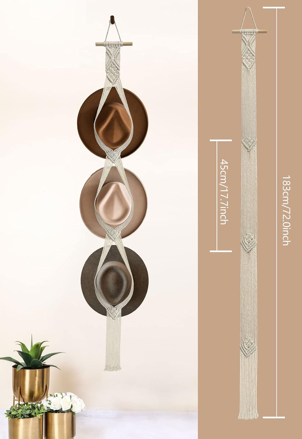 Organizador de sombreros de macramé para pared, colgadores bohemios para colgar en la pared, tejido a mano, organizador decorativo para sombreros de