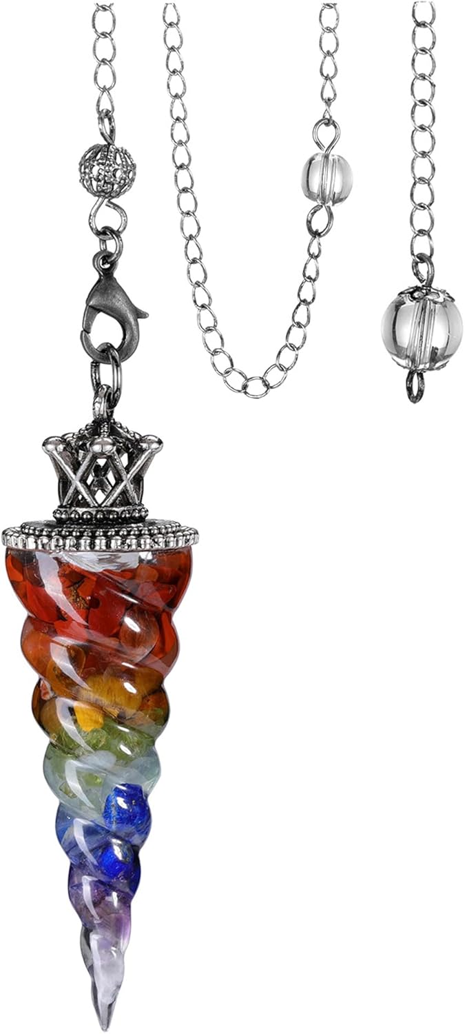 Jovivi Péndulos naturales de cristal de 7 chakras para radiestesia de adivinación, corona de cono de espiral, péndulo puntiagudo con cadena, piedras