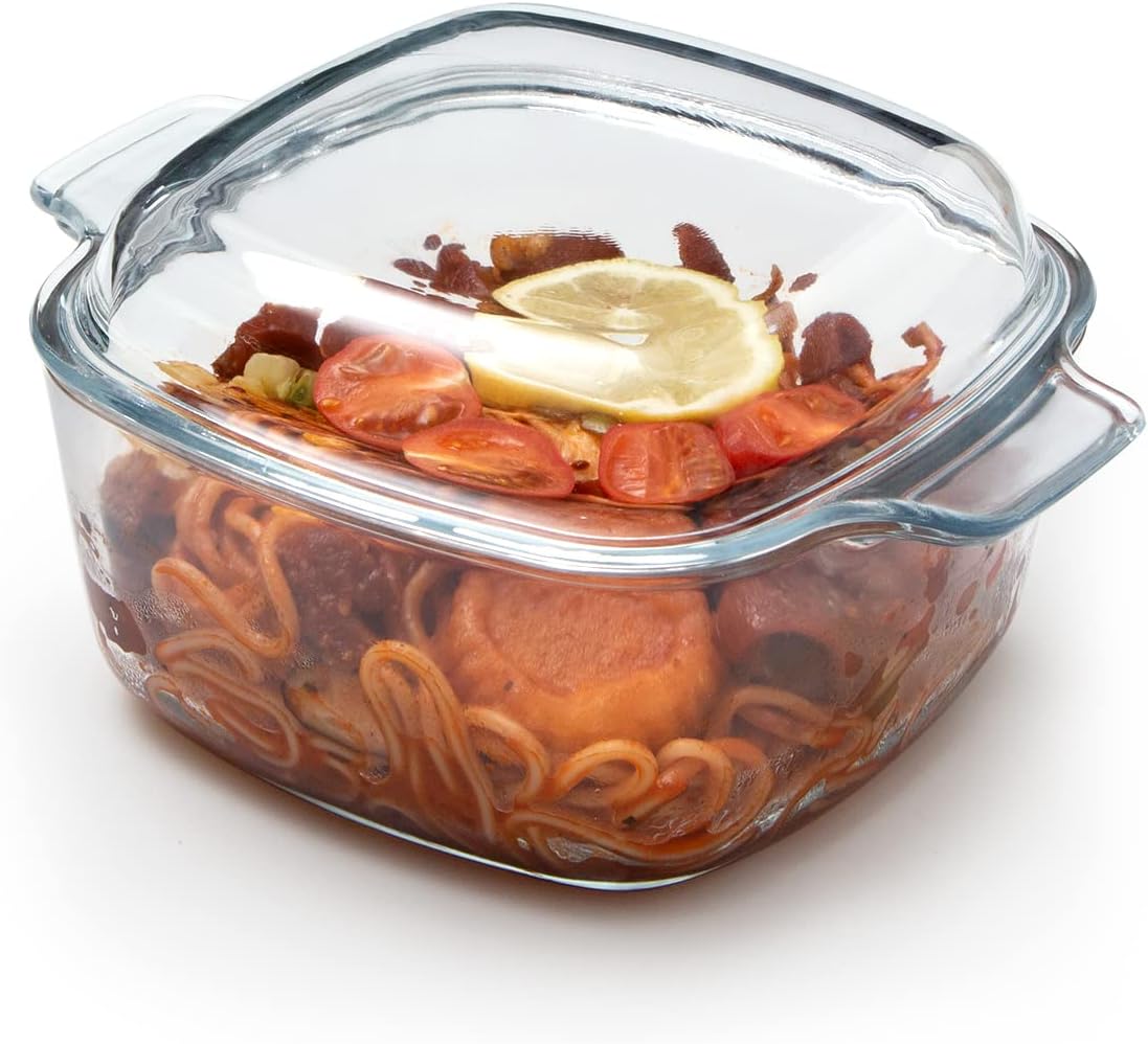 NUTRIUPS Cacerola de vidrio de 1.5L con tapa, cazuela cuadrada, horno de vidrio, utensilios para hornear, plato seguro para microondas con tapa,