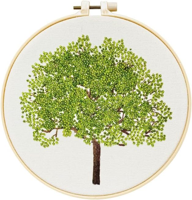 Kits de iniciación de bordado estampado árbol verde con patrón para principiantes, aros de tela, hilos de costura, arte de punto de cruz,