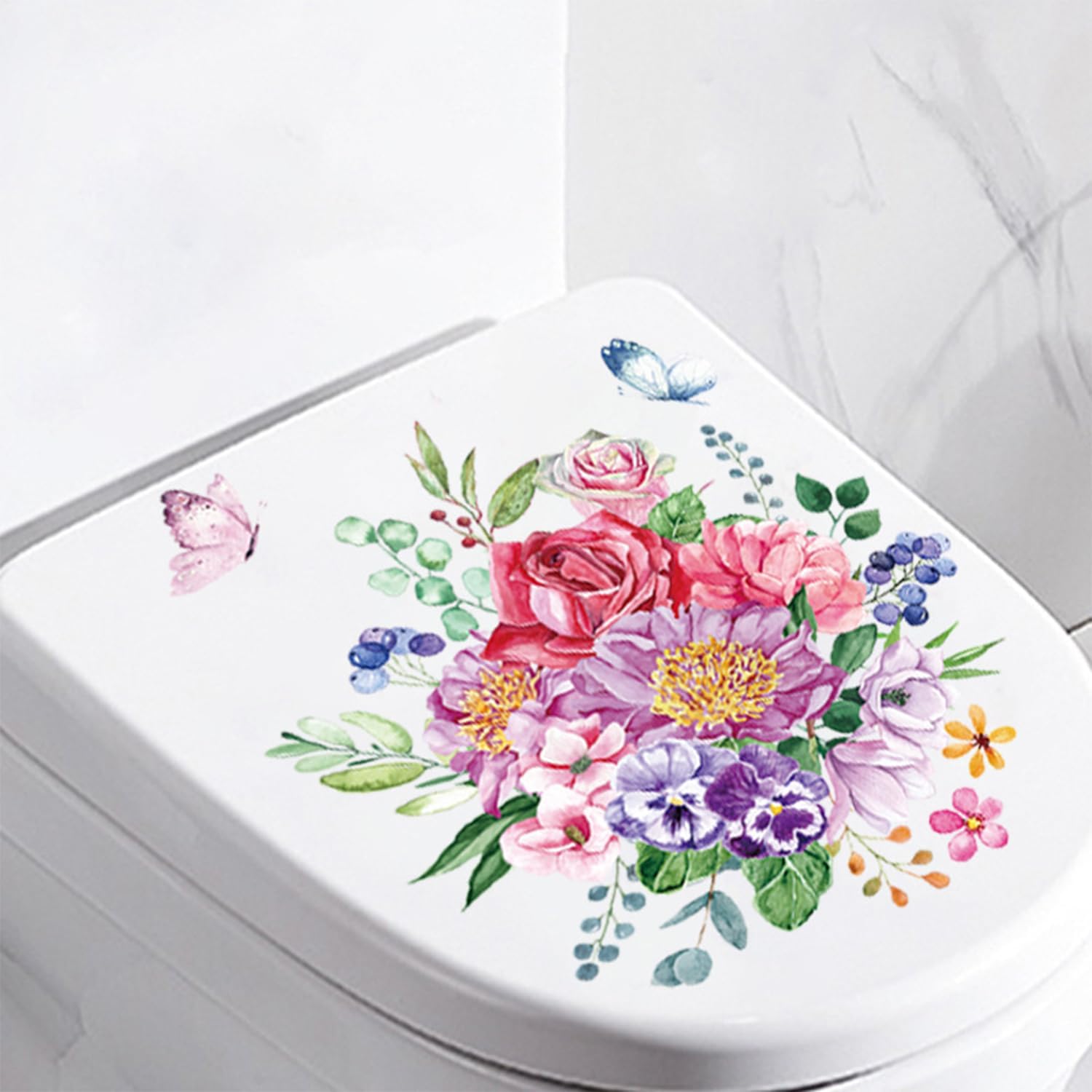 WBQMUNY 5 hojas de calcomanías de pared para asiento de inodoro de baño, diseño floral autoadhesivo, para tapa de inodoro, ramo de acuarela