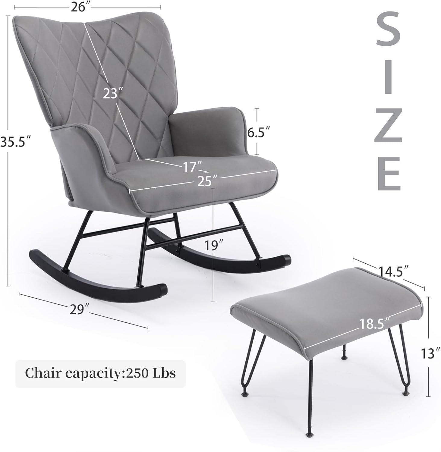 Mecedoras de guardería con silla tapizada de tela para guardería y sala de estar, silla de guardería incluye otomana y almohada lumbar, color gris