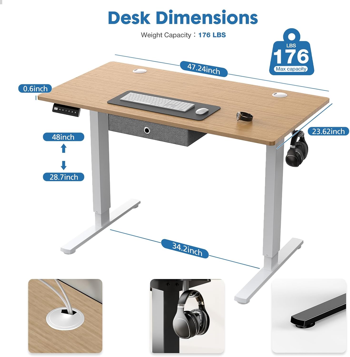 DUMOS Cajones eléctricos de 48 pulgadas, altura ajustable, soporte ergonómico para oficina en casa, estación de trabajo, computadora natural, para