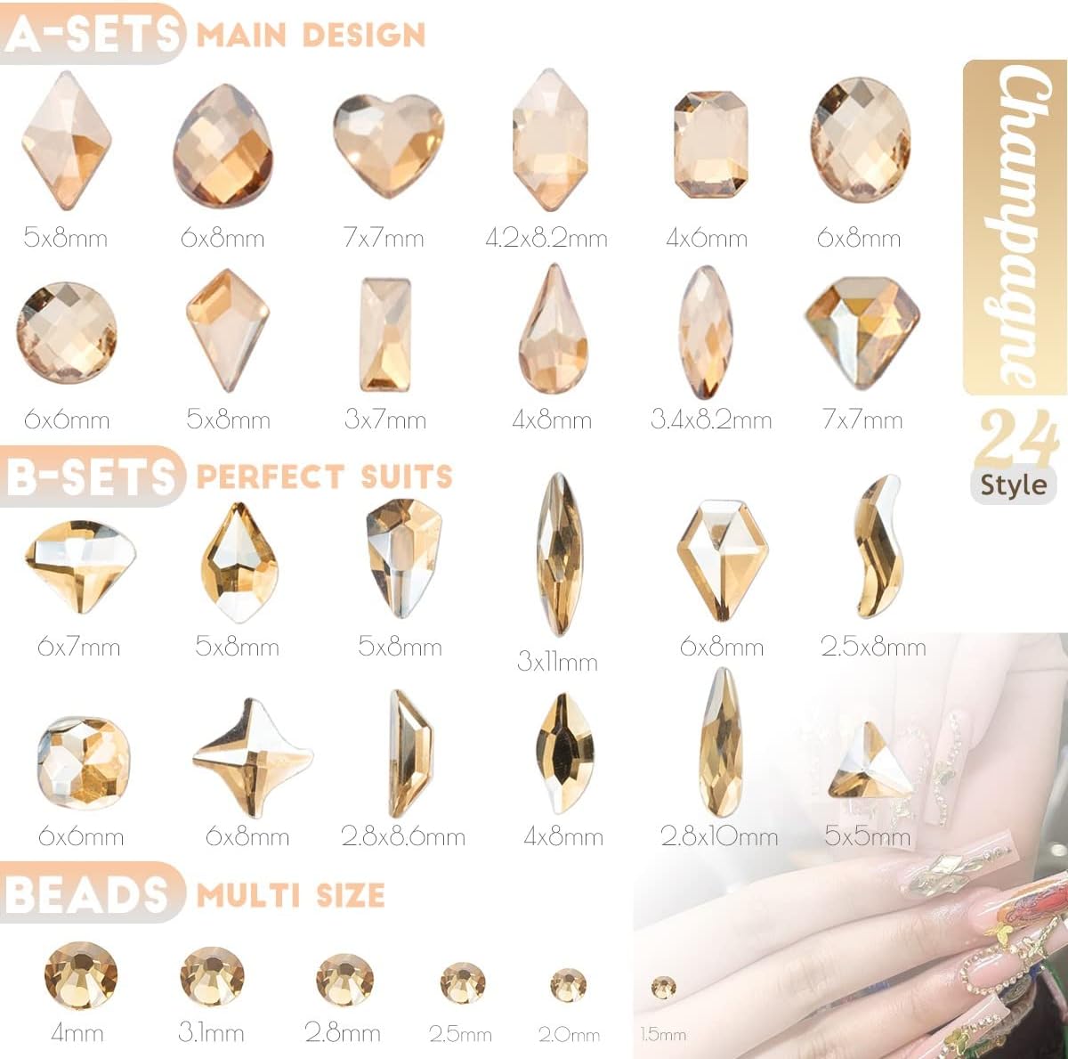 24 estilos de diamantes de imitación de uñas dorado champán multiformas con parte trasera plana, gemas redondas K9, piedras de vidrio, diamantes,