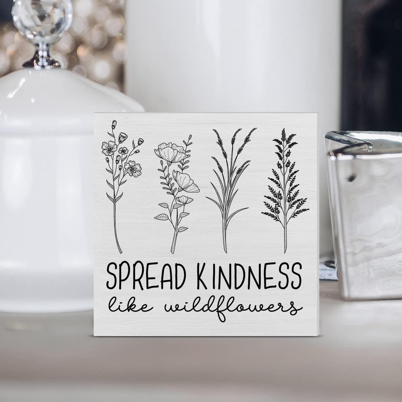Cartel de madera Spread Kindness Like Wildflowers, caja de madera con flores de granja, letrero de bloques de escritorio, letreros rústicos para