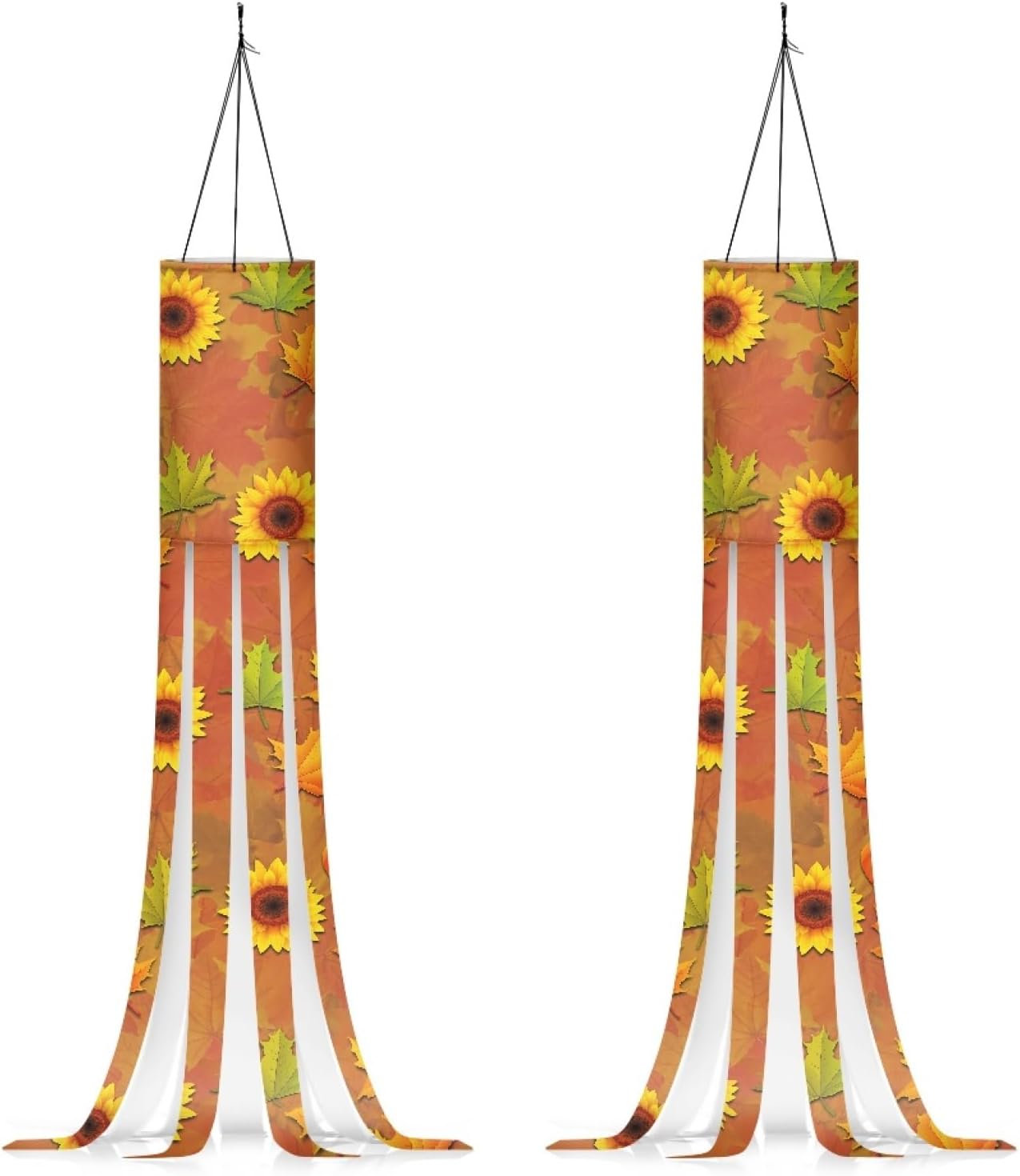 TINYAT 2 calcetines de viento con estampado de hojas de girasol otoñales para colgar al aire libre, calcetines de viento de 40 pulgadas con colas,