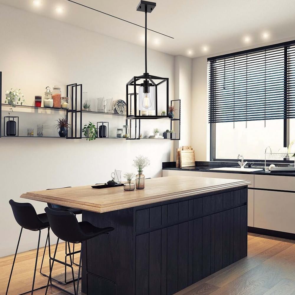 Lámpara colgante de 1 luz, iluminación colgante negra para isla de cocina con pantalla de vidrio transparente, lámpara colgante de granja de montaje