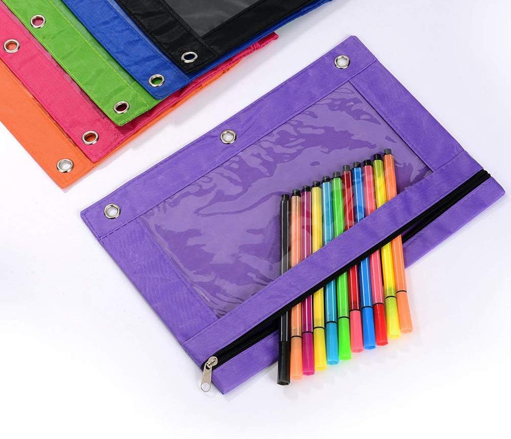 Estuche para lápices con 3 anillas, con cremallera, estuche para cosméticos, color negro, paquete de 2