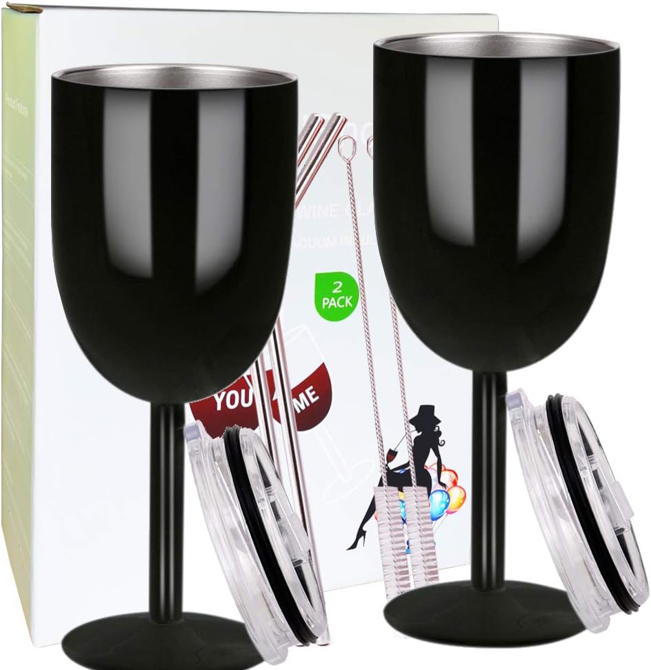 Copas de vino de acero inoxidable (paquete de 2). Vaso de vino de doble pared aislado al vacío con tapa y pajita. Amistad, Navidad, regalos de