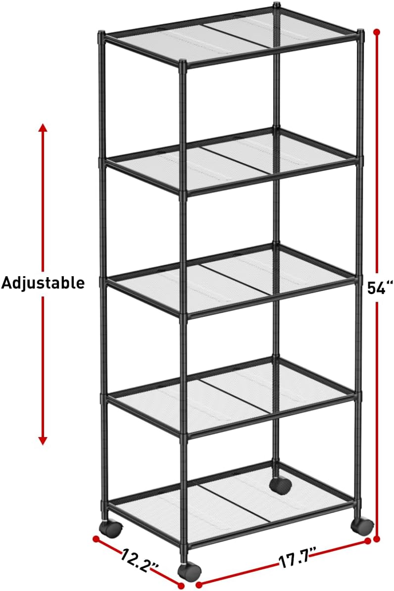 OVICAR Estante de almacenamiento con ruedas  Estantería ajustable de alambre de malla de 5 niveles, estante de almacenamiento de metal para cocina,
