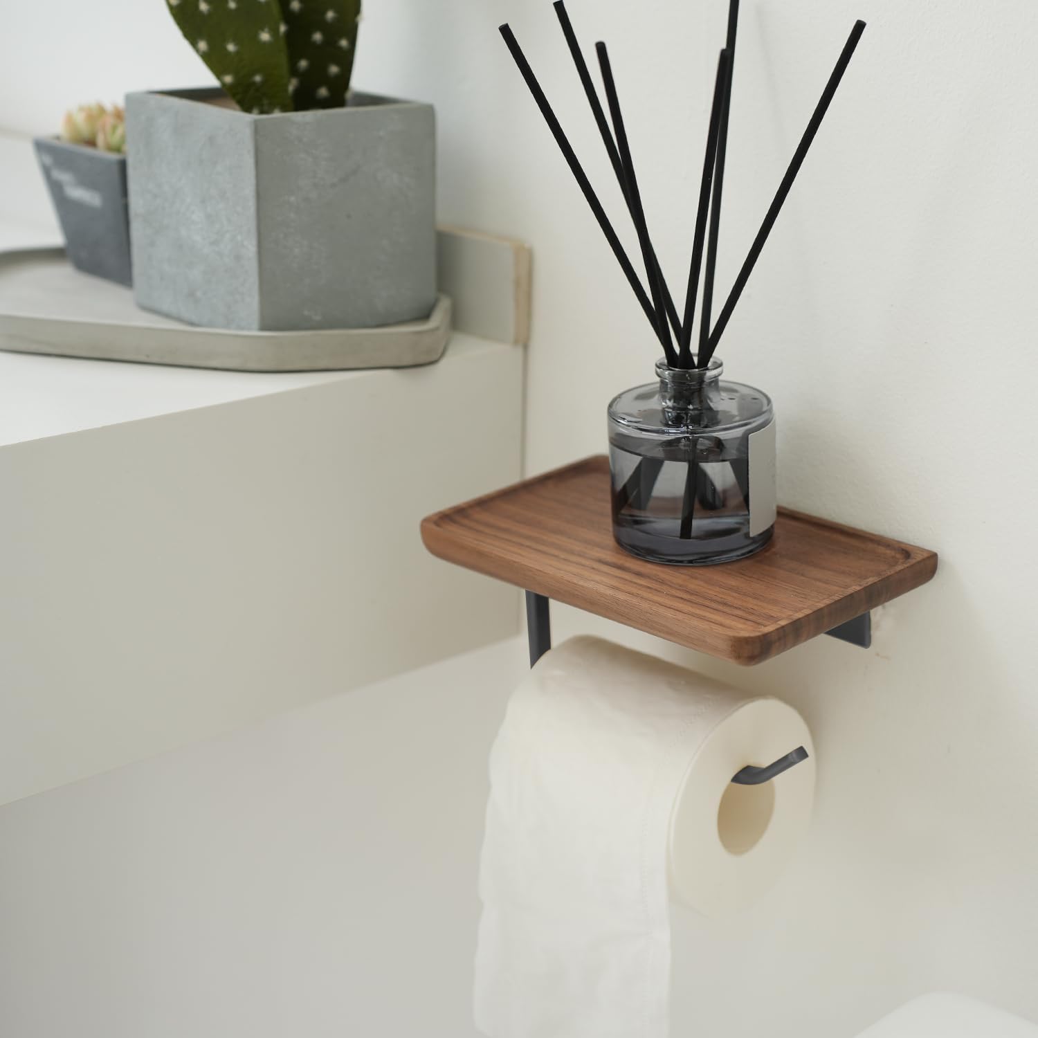 Soporte de papel higiénico con estante negro, soporte de pared de madera para rollo de papel de seda con tornillo, accesorios de baño decoración