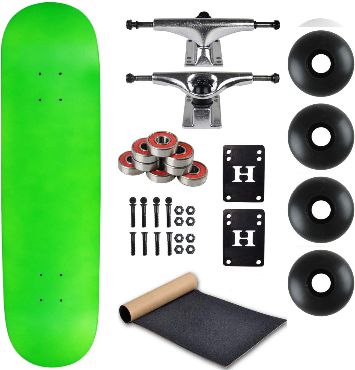 Moose Patineta Completa Verde Neón 7.5″ con Camiones Plateados y Ruedas Negras