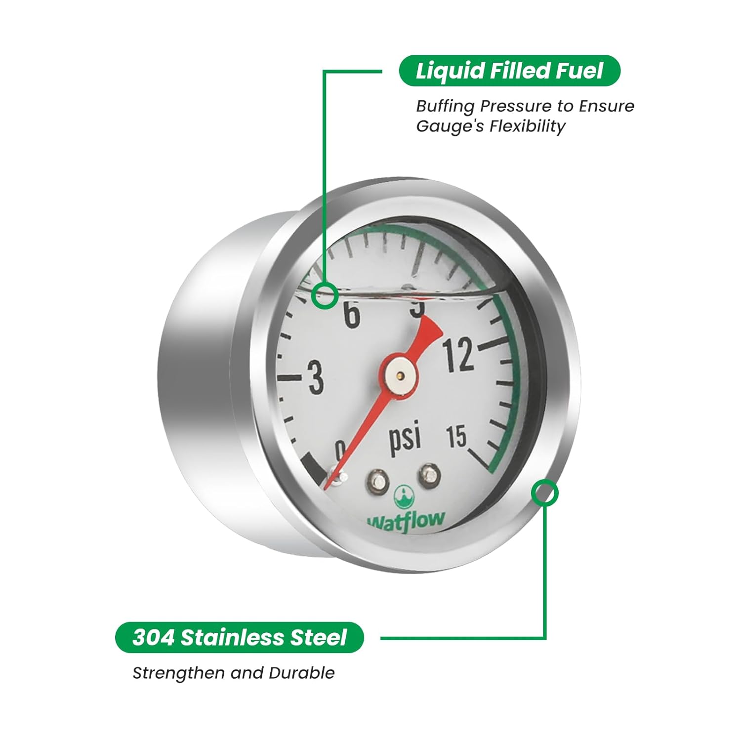 Watflow Resistencia a caídas de 0 a 15 psi, tamaño del dial de 1.5 pulgadas, conexión central trasera NPT de 18 pulgadas, material de acero