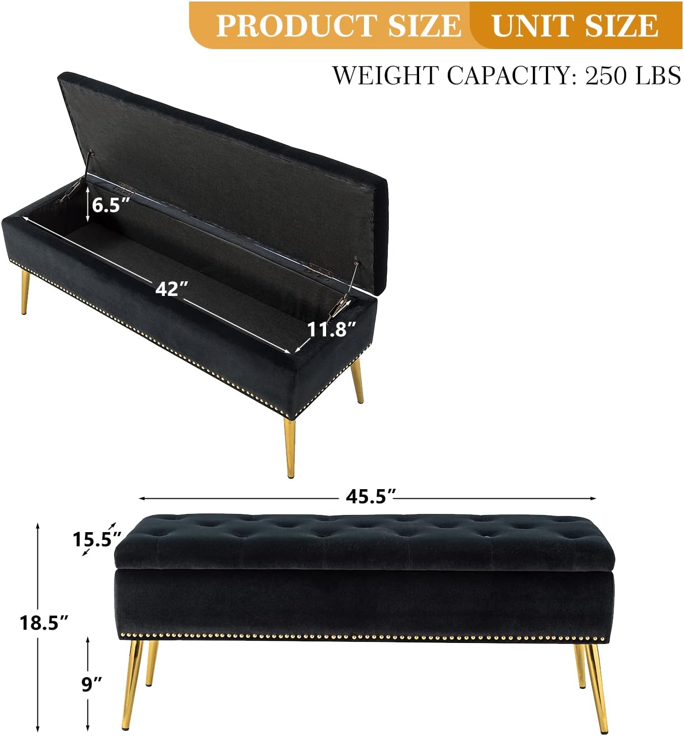 HULALA HOME Moderno banco otomano de almacenamiento de terciopelo con base dorada y borde de cabeza de clavos, banco tapizado para dormitorio para