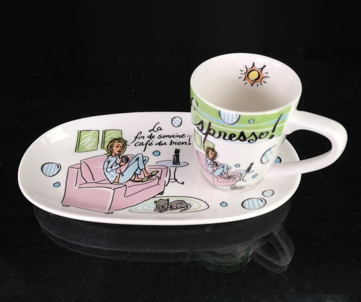 La fin de semaine cafe du bien – Juego de 2 tazas y platillos (80 cc, 2 unidades)