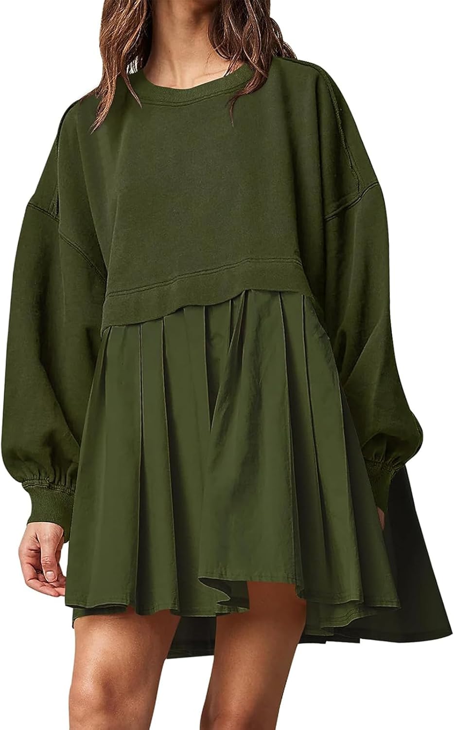 Jielayou Vestido de sudadera de gran tamaño para mujer, manga larga, retazos, cuello redondo, sin botones, para otoño, plisado, mini vestido